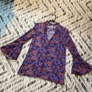 Free People Magic Mystery Purple Floral Bell Sleeve Tunic Top Dress Size X-Small